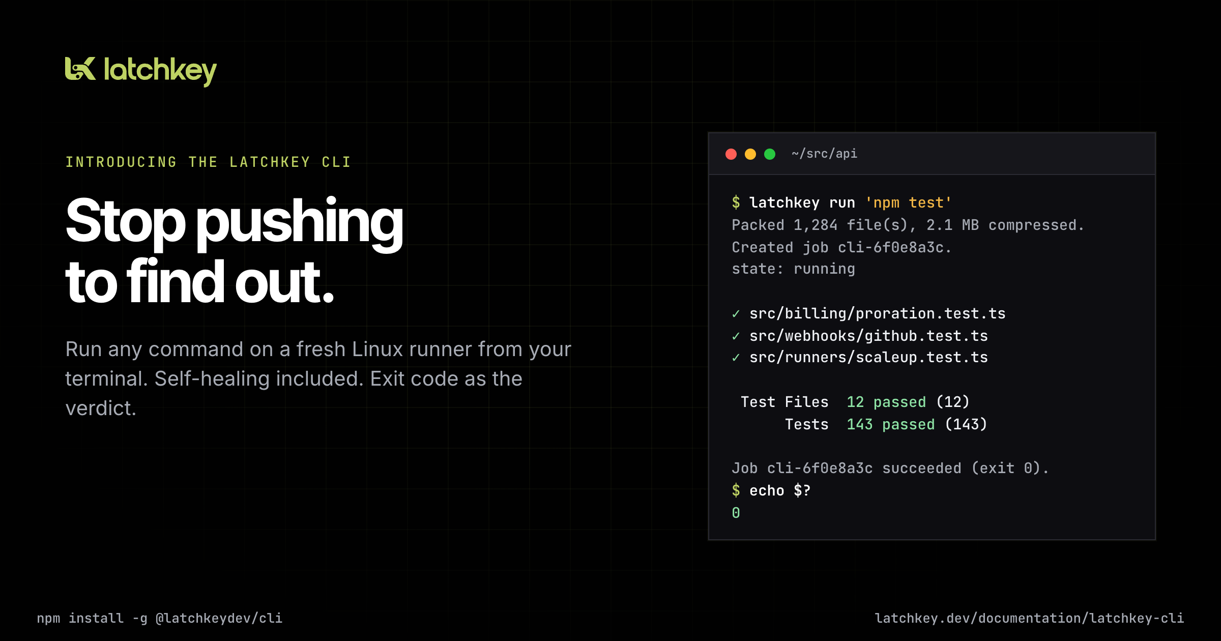 Your terminal. A fresh Linux runner. One exit code.