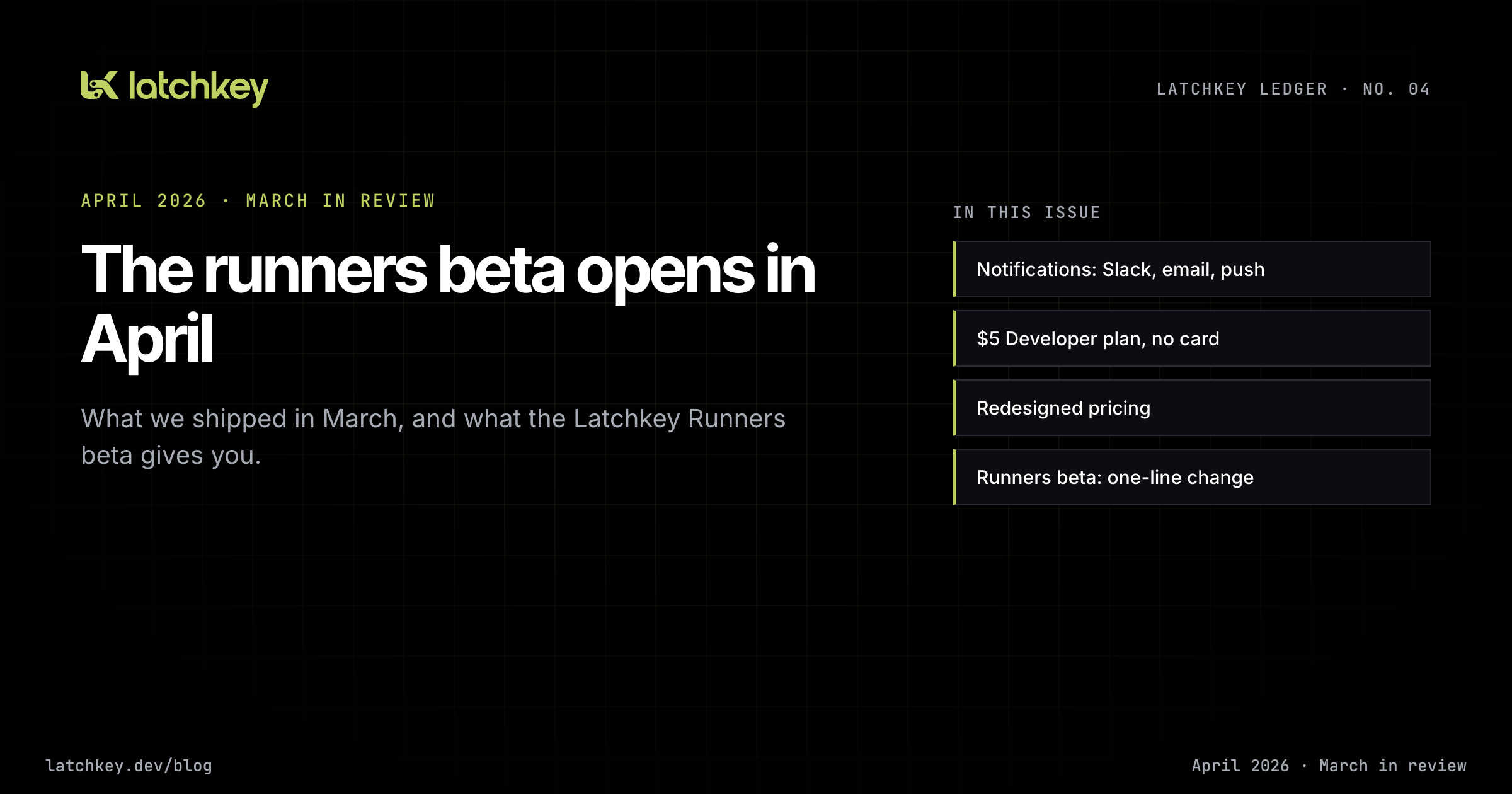Latchkey Ledger No. 04: the runners beta opens in April