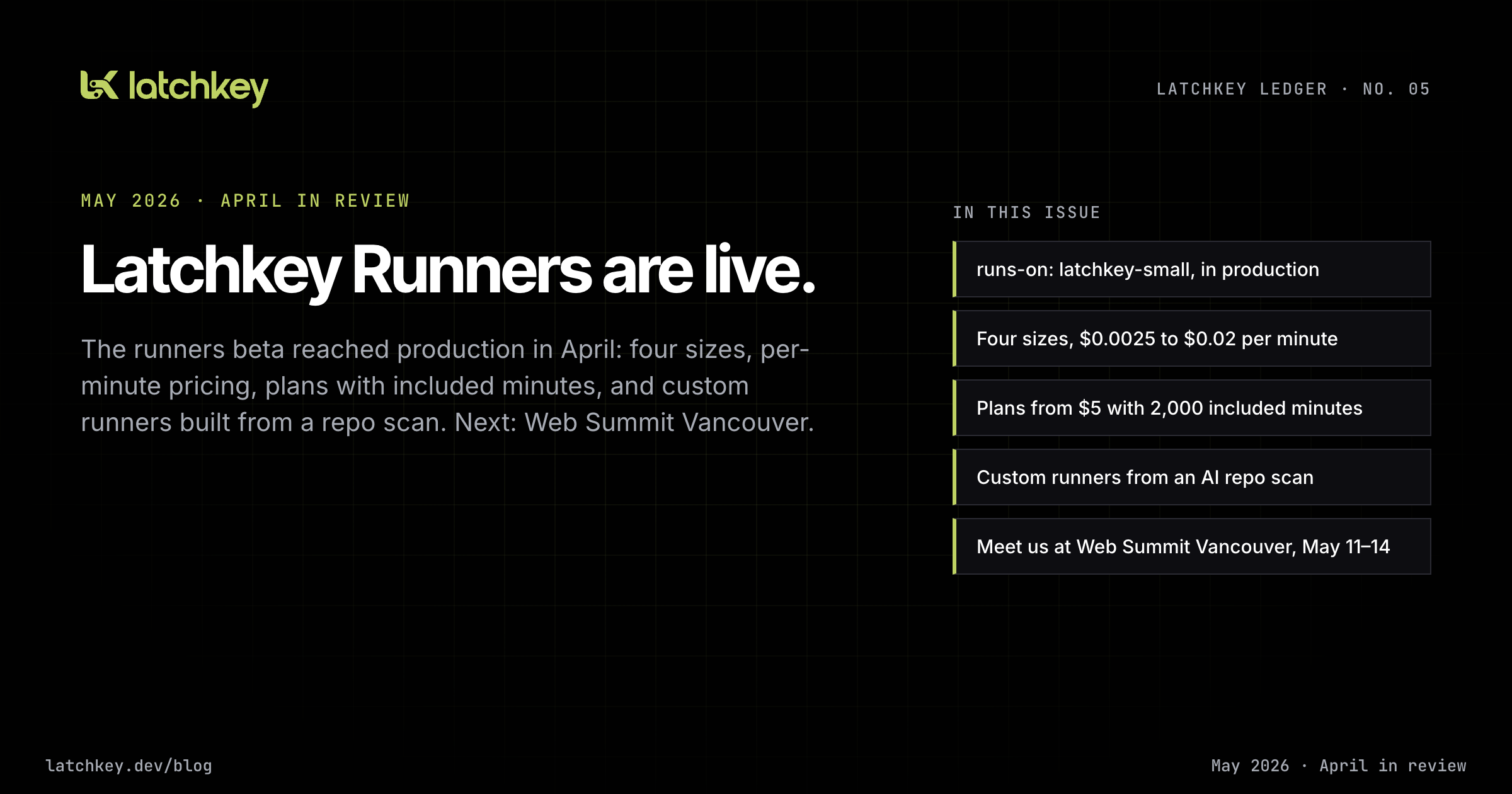 Latchkey Ledger No. 05: Latchkey Runners are live, with four sizes, plans with included minutes, custom runners from an AI repo scan, and Web Summit Vancouver