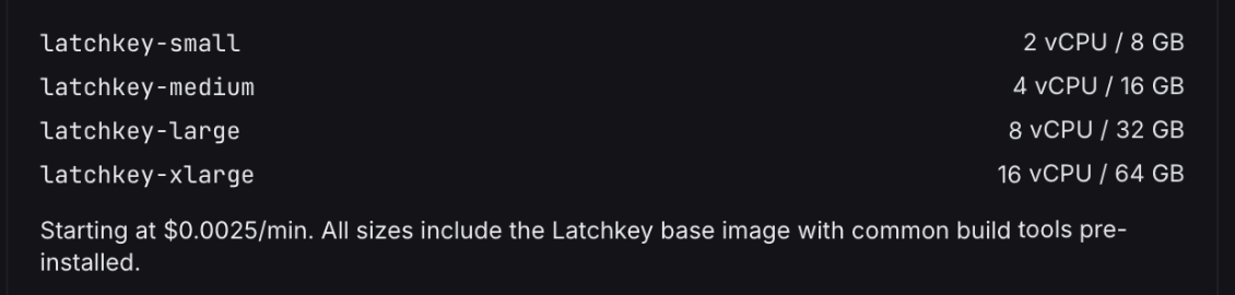 The Runners page in the Latchkey dashboard listing latchkey-small, medium, large and xlarge with their vCPU and memory, starting at $0.0025 per minute