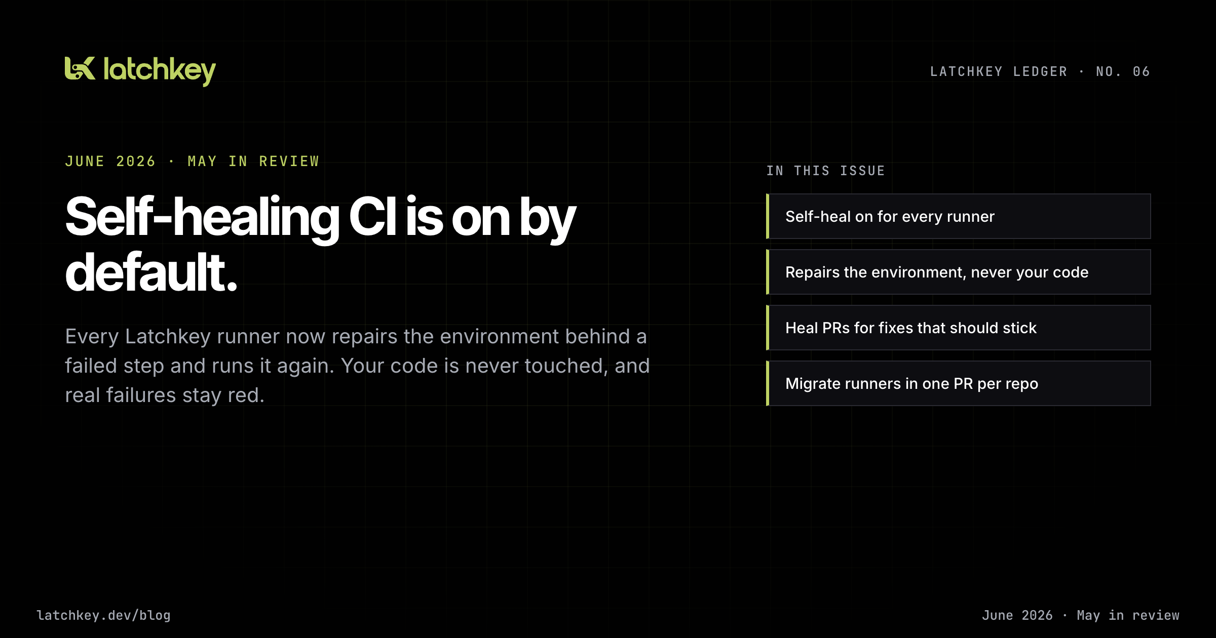 Latchkey Ledger No. 06: Self-healing CI is on by default