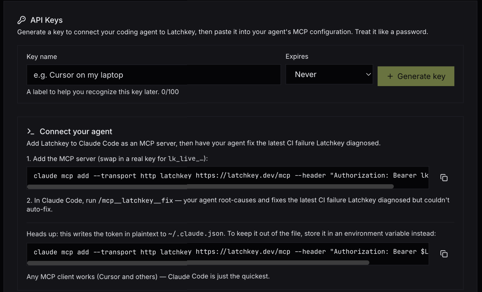 The API Keys settings tab: key name, expiry selector, Generate key, and the Connect your agent card with the claude mcp add command