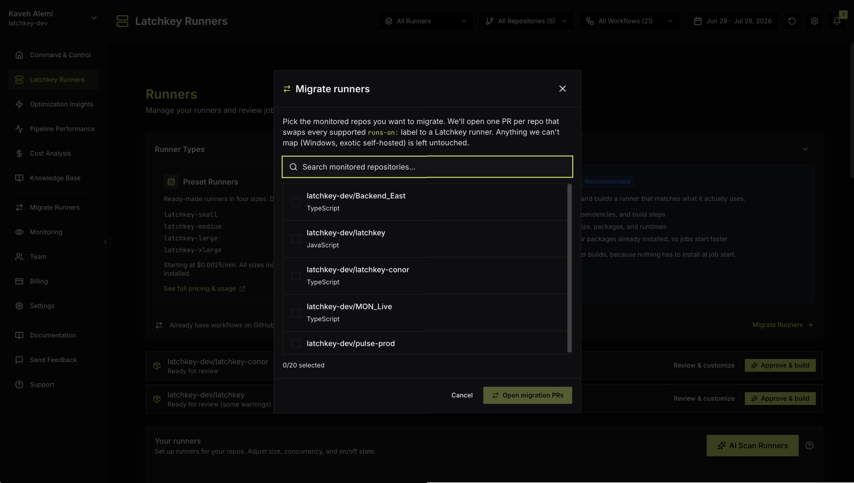 The Migrate runners modal