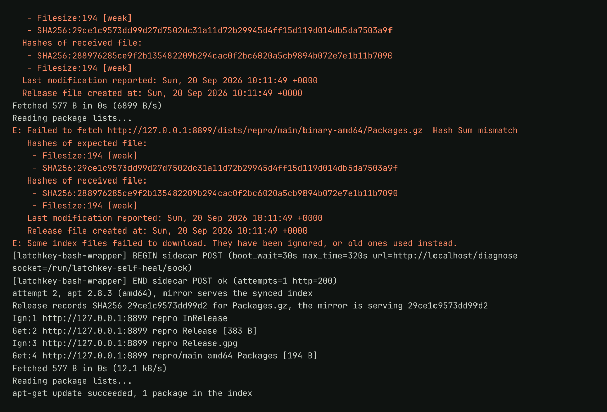 Runner log: apt refusing an index whose hash does not match its Release file, then the retry