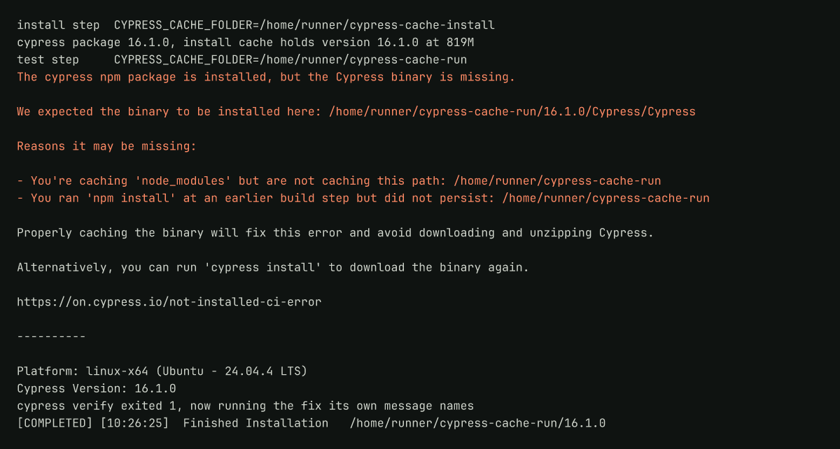 Runner log: Cypress reporting a missing binary, then cypress install putting it in that folder