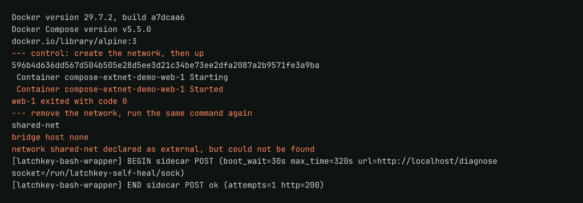 Runner log: one compose file starting with the network present and failing without it