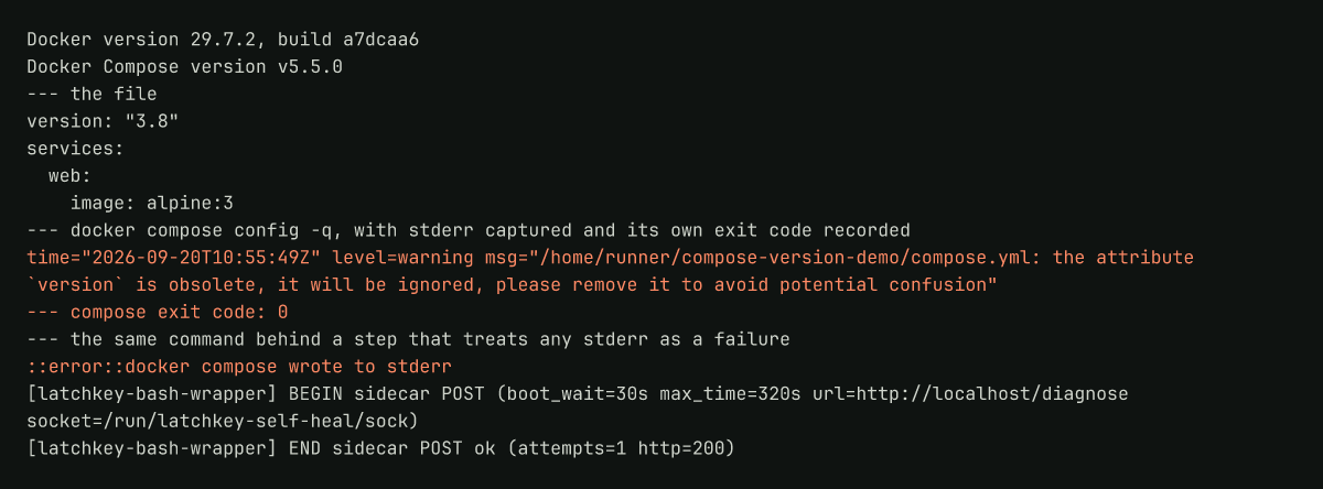 Runner log: Compose warns about the version key, exits zero, and a stderr gate fails