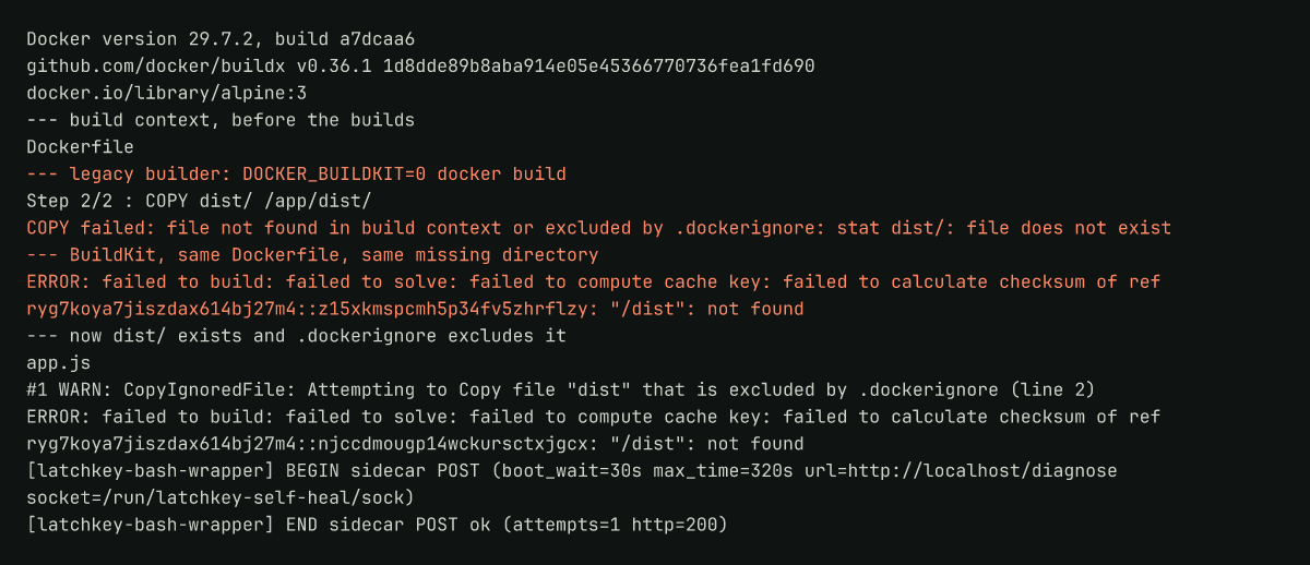 Runner log: one missing directory refused by the legacy builder and then by BuildKit