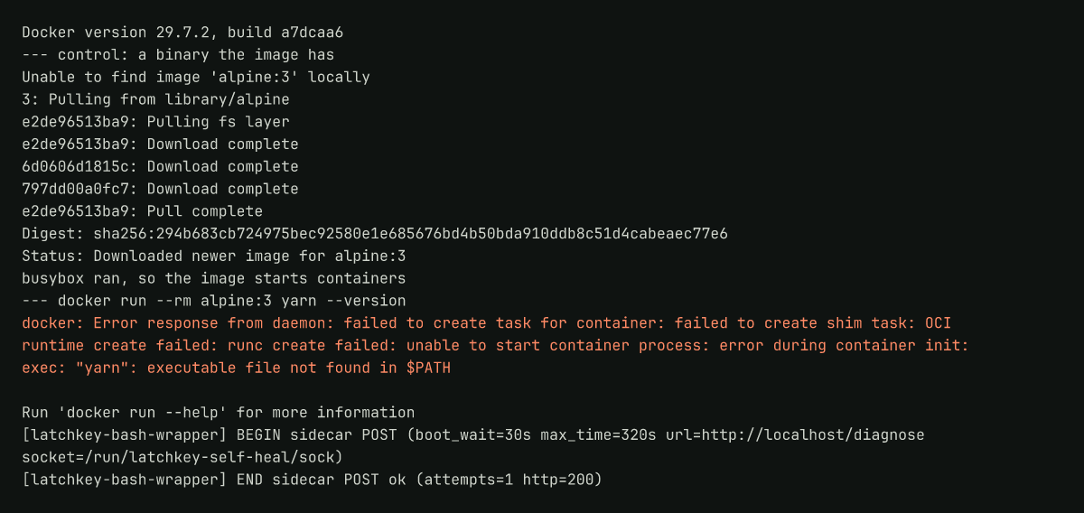 Runner log: a container starting normally, then a create failing on a missing binary