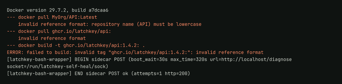 Runner log: three malformed image references refused by Docker before any registry call