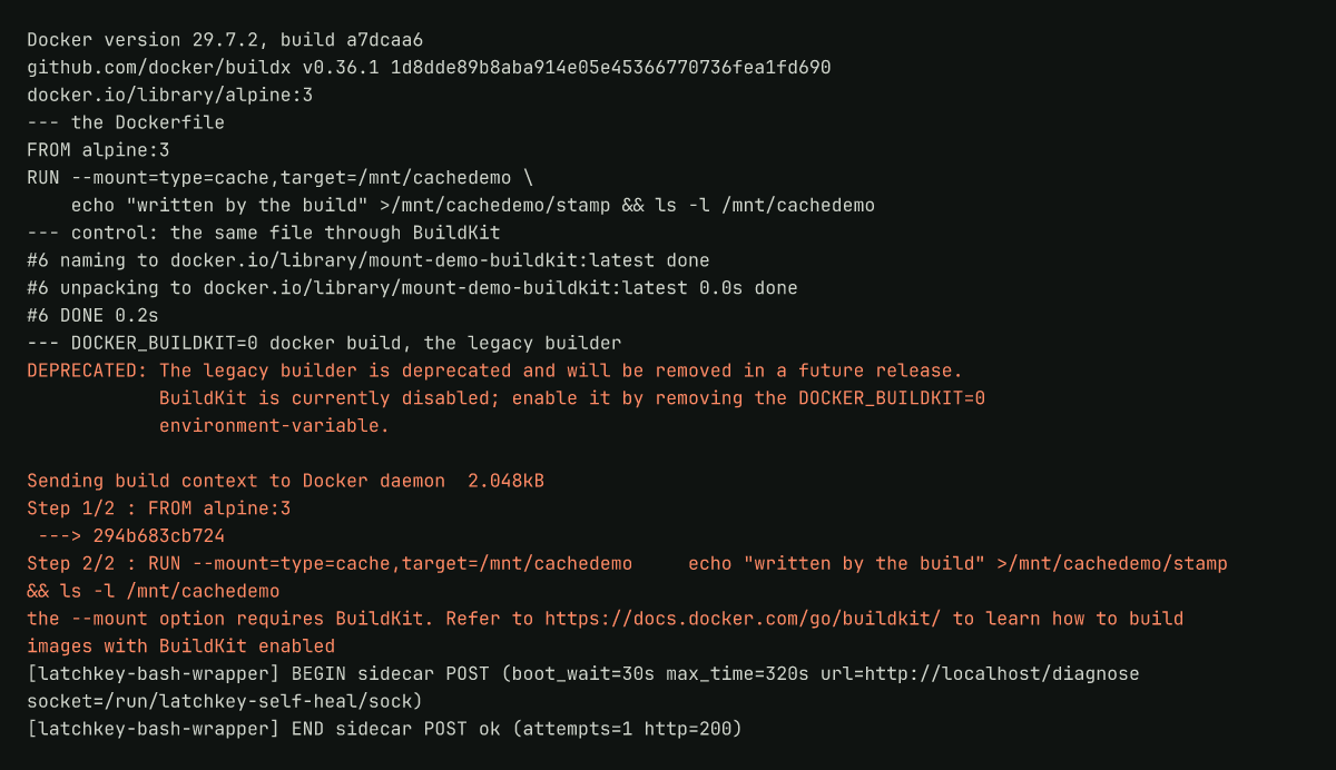 Runner log: a cache mount building under BuildKit and refused by the legacy builder