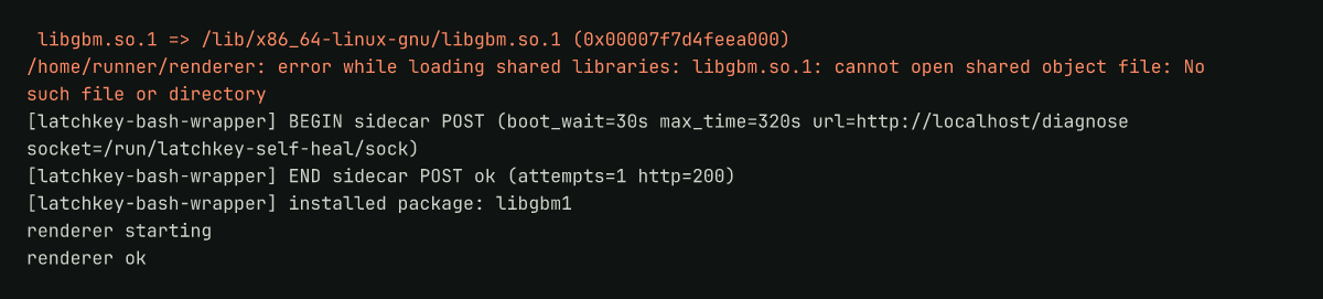 Runner log: the loader failing on libgbm.so.1, then the retry after the package install