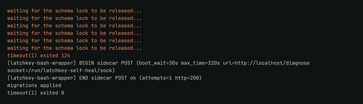 Runner log: a step waiting on a lock, exiting 124, then finishing on the retry