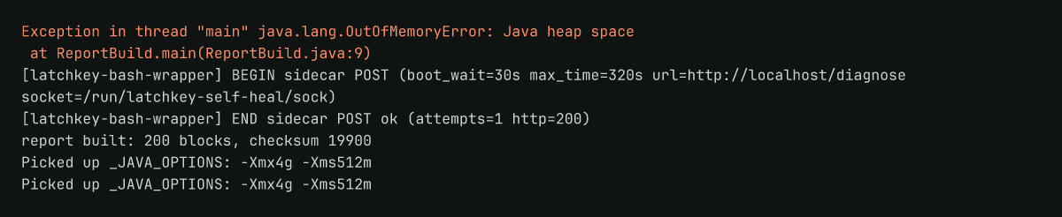 Runner log: a JVM heap exhaustion, then the retry picking up a 4 GB heap and passing