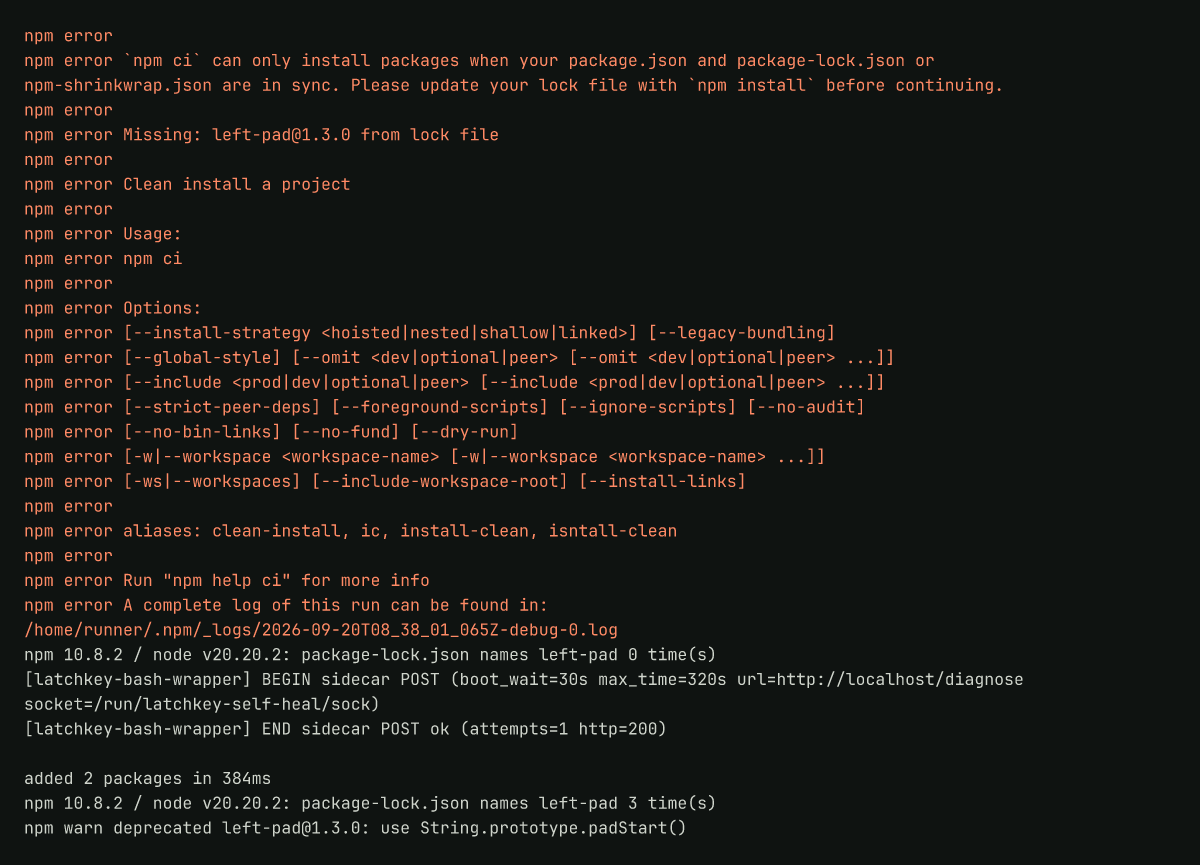 Runner log: the clean install refusing the drifted lockfile, then a retry that writes it