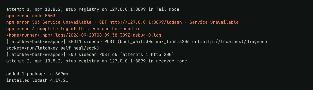Runner log: npm failing on a 503 from the registry, then the retry installing cleanly