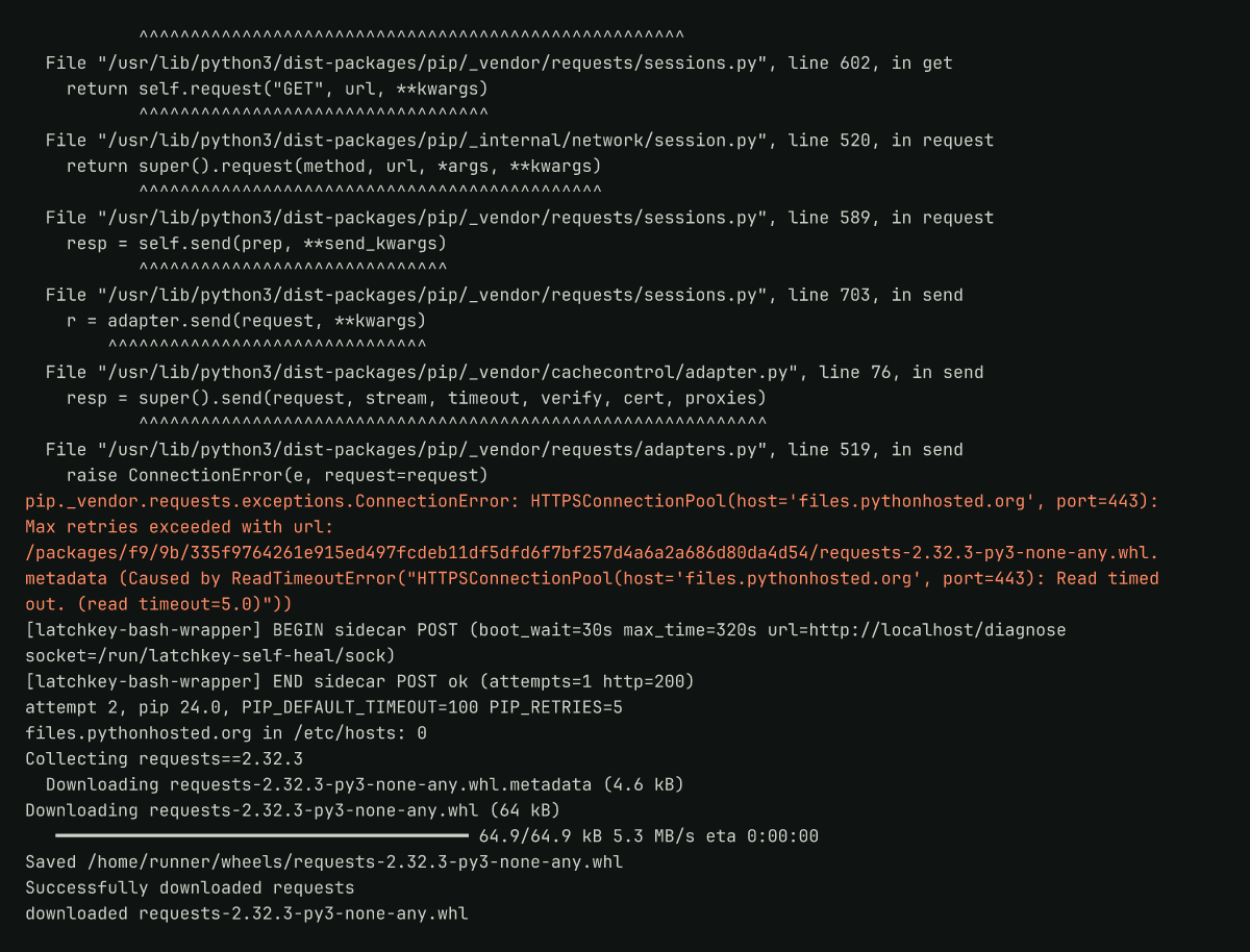 Runner log: pip timing out on a wheel download, then the retry saving the wheel