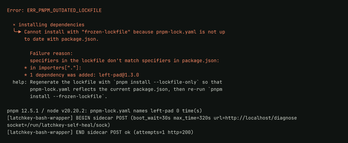 Runner log: pnpm refusing a frozen install and the probe reporting the lockfile unchanged