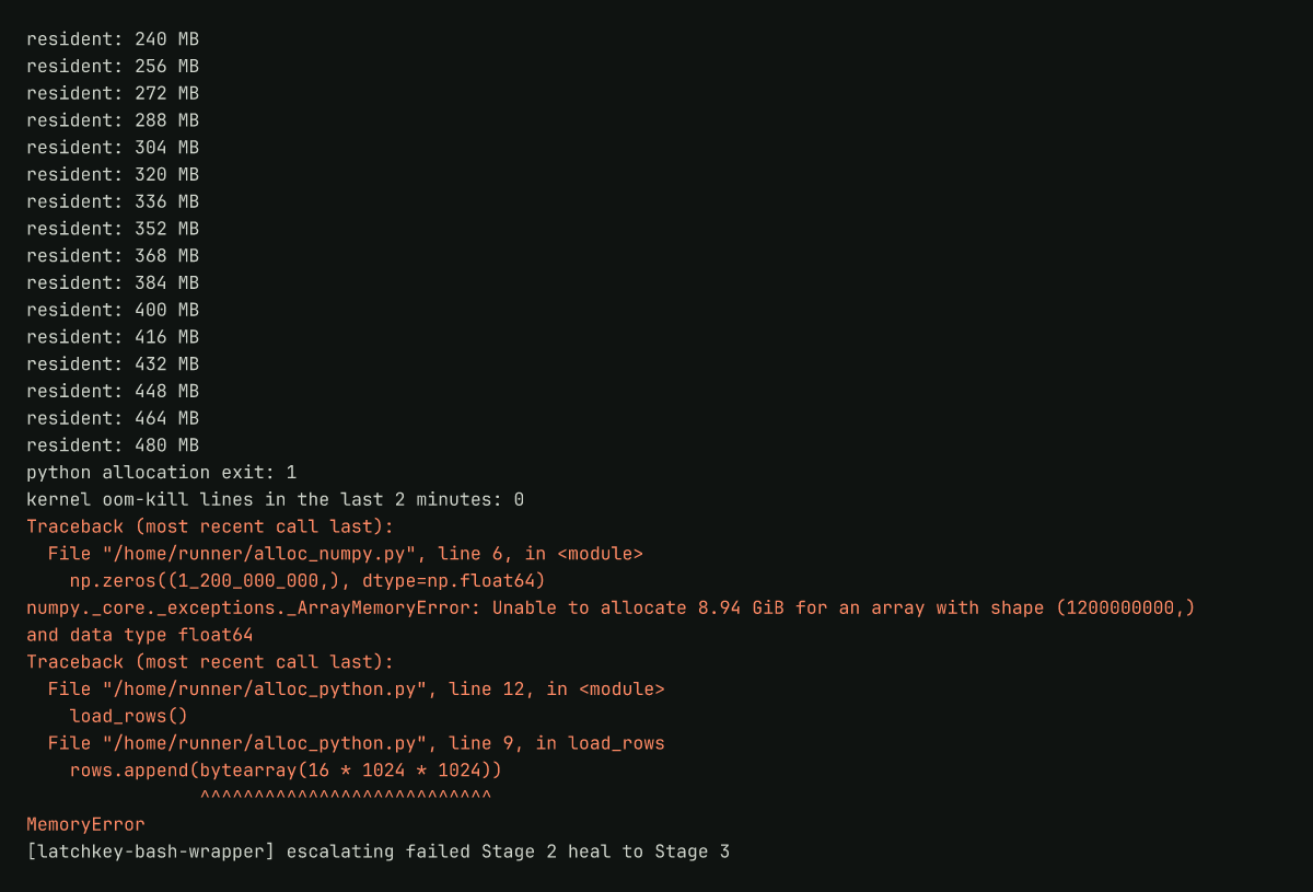 Runner log counting allocations to 480 MB under a 512 MB cap, then two memory tracebacks