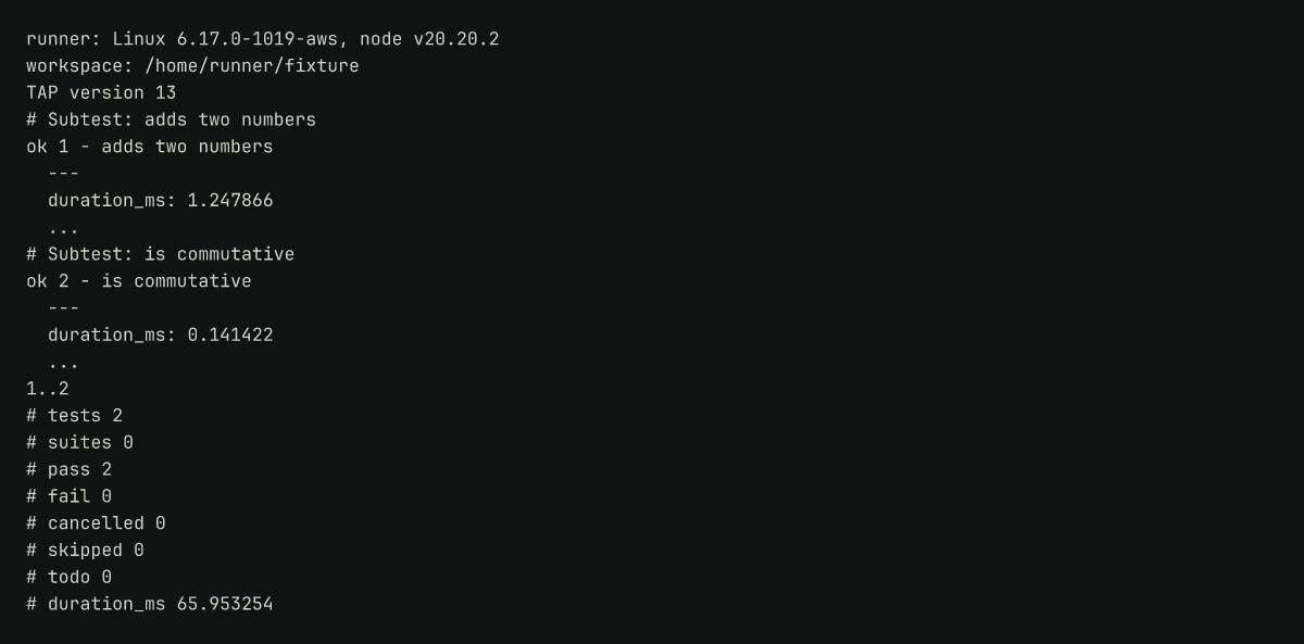 Recorded runner log: node v20.20.2 on Linux, TAP output reporting 2 tests passed, 0 failed