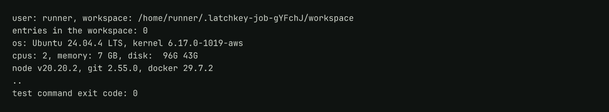 Recorded log: Ubuntu 24.04, 2 cpus, empty workspace, node test dot reporter, exit code 0