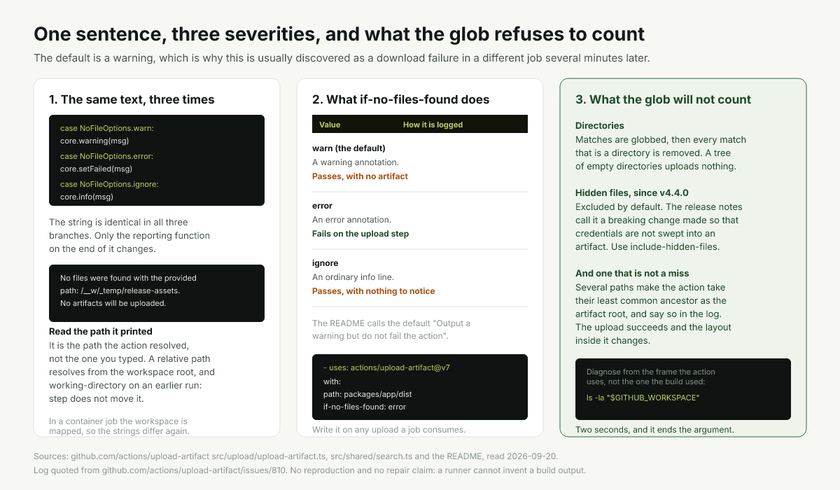 How the upload glob is resolved and what if-no-files-found does with an empty result