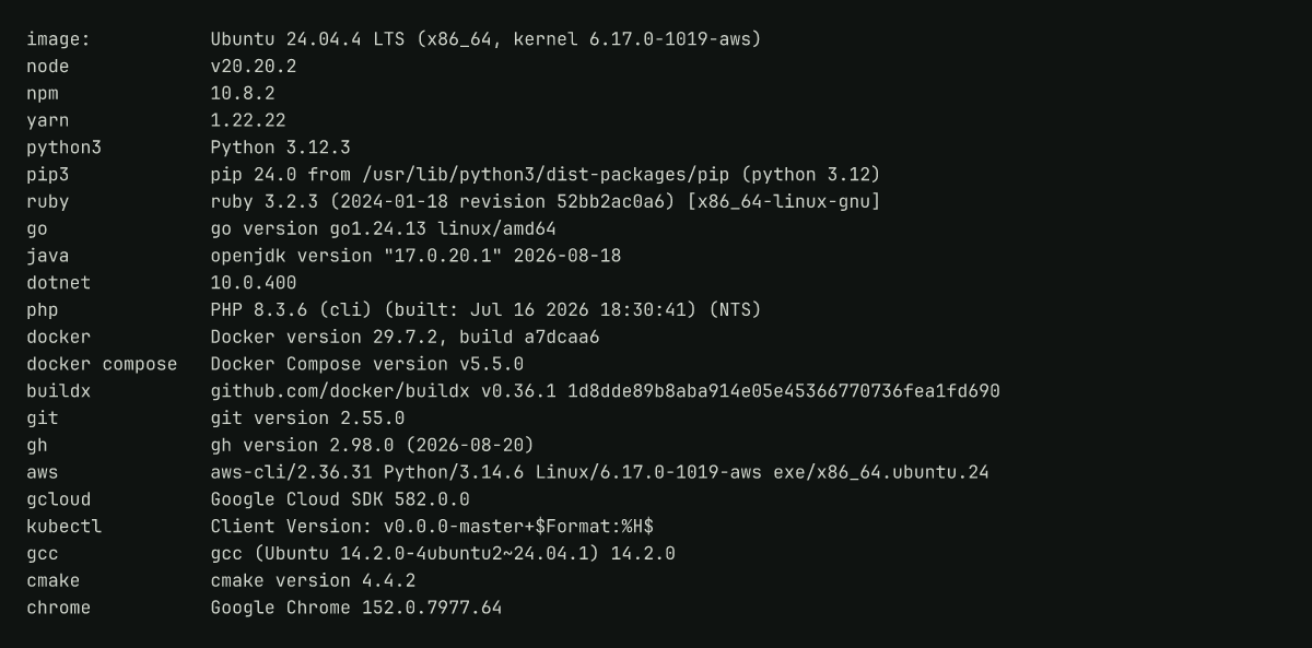 Recorded log of 21 tool versions printed on a Latchkey latchkey-small Ubuntu 24.04 runner